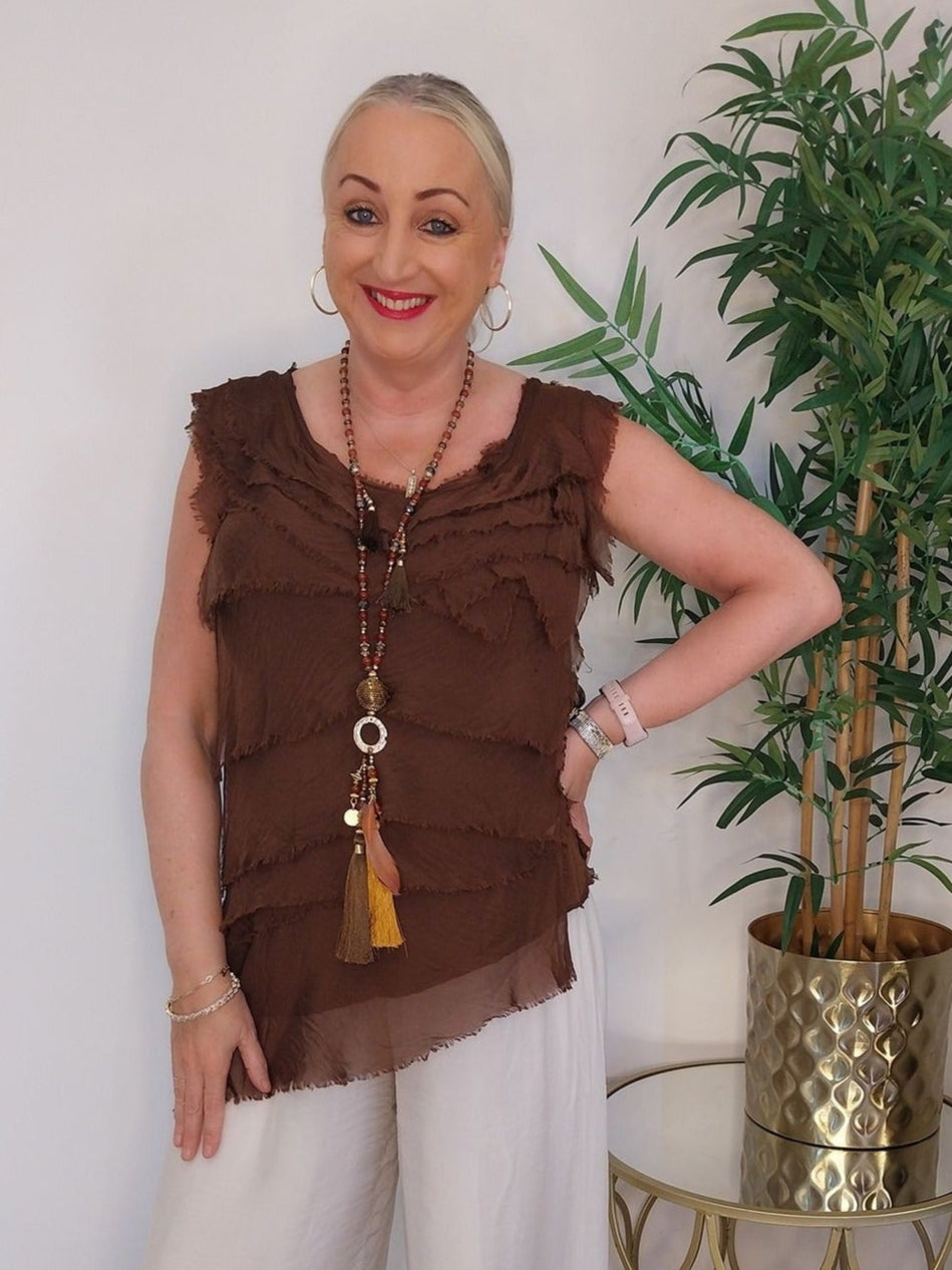 Made In Italy Capri Shredded Silk Vest Chocolate