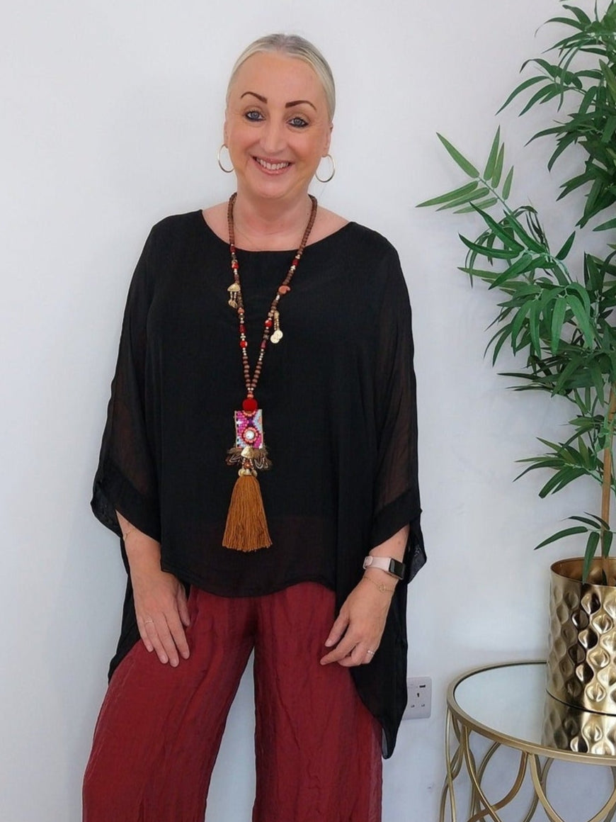Made In Italy Capri Silk Overlay Top Black