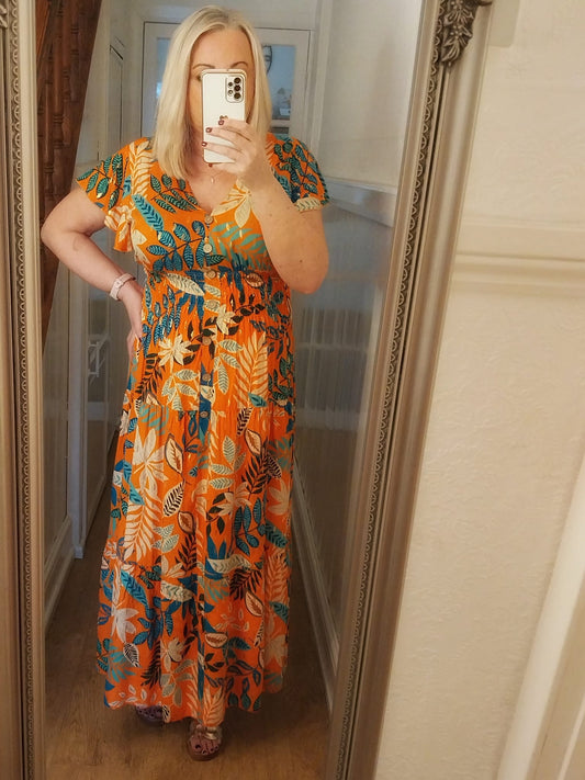 Darcie Floral Print Tea Dress - Orange